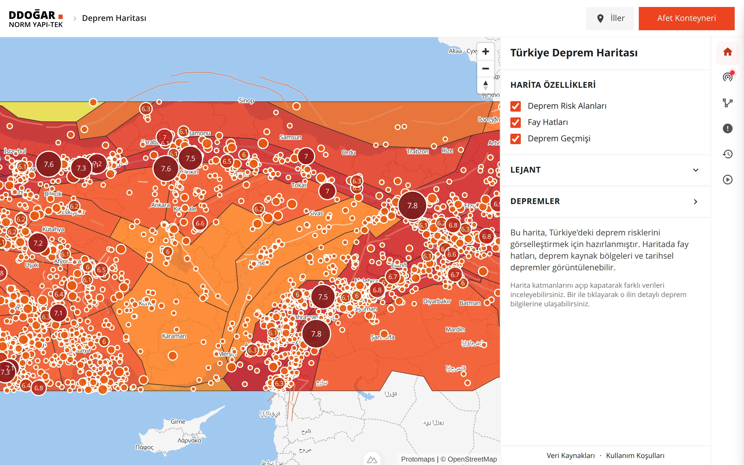 DDoğar interactive earthquake map of Turkey, showing fault lines, risk zones, and historical earthquakes